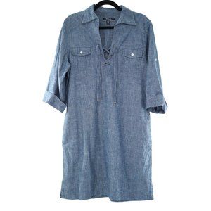 Tommy Bahama Blue Denim Chambray Front Tie Roll Tab Sleeve Shirt Dress